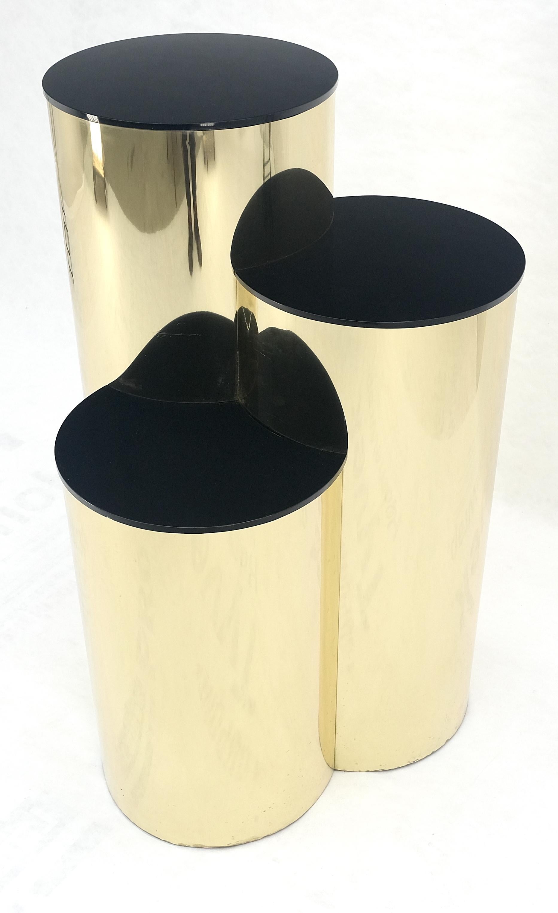 Steel Triptych Round Cylinder Brass Finish Multi Level Pedestal Stand Table For Sale