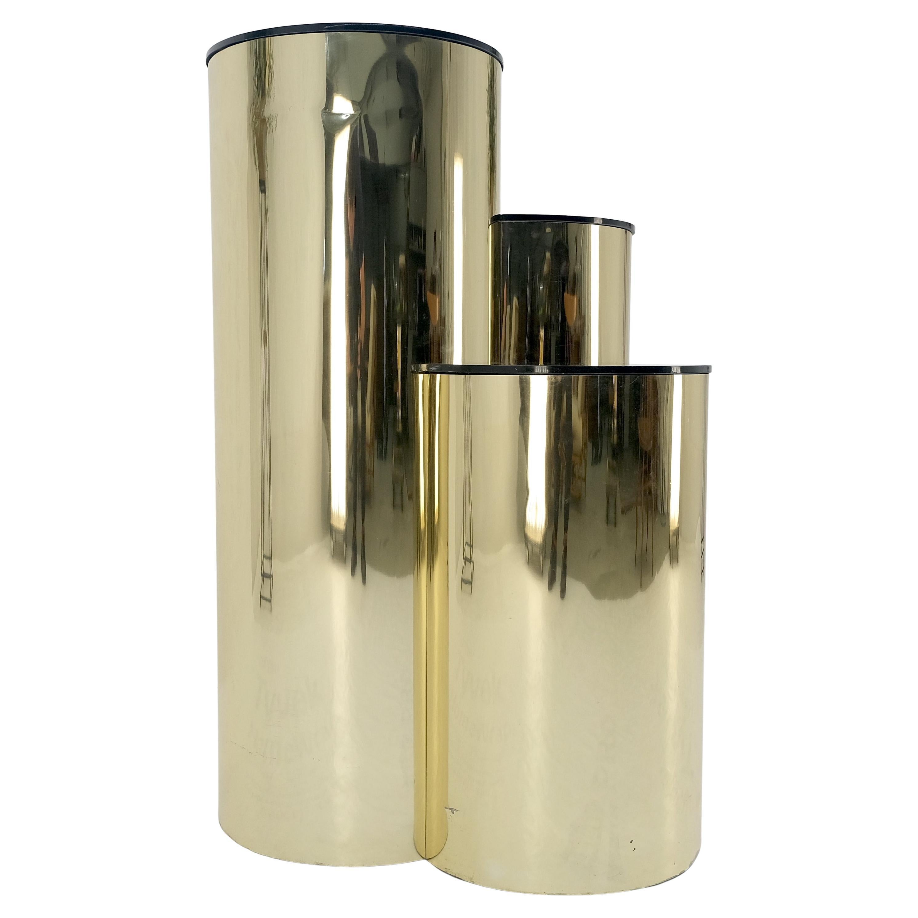 Triptych Round Cylinder Brass Finish Multi Level Pedestal Stand Table For Sale