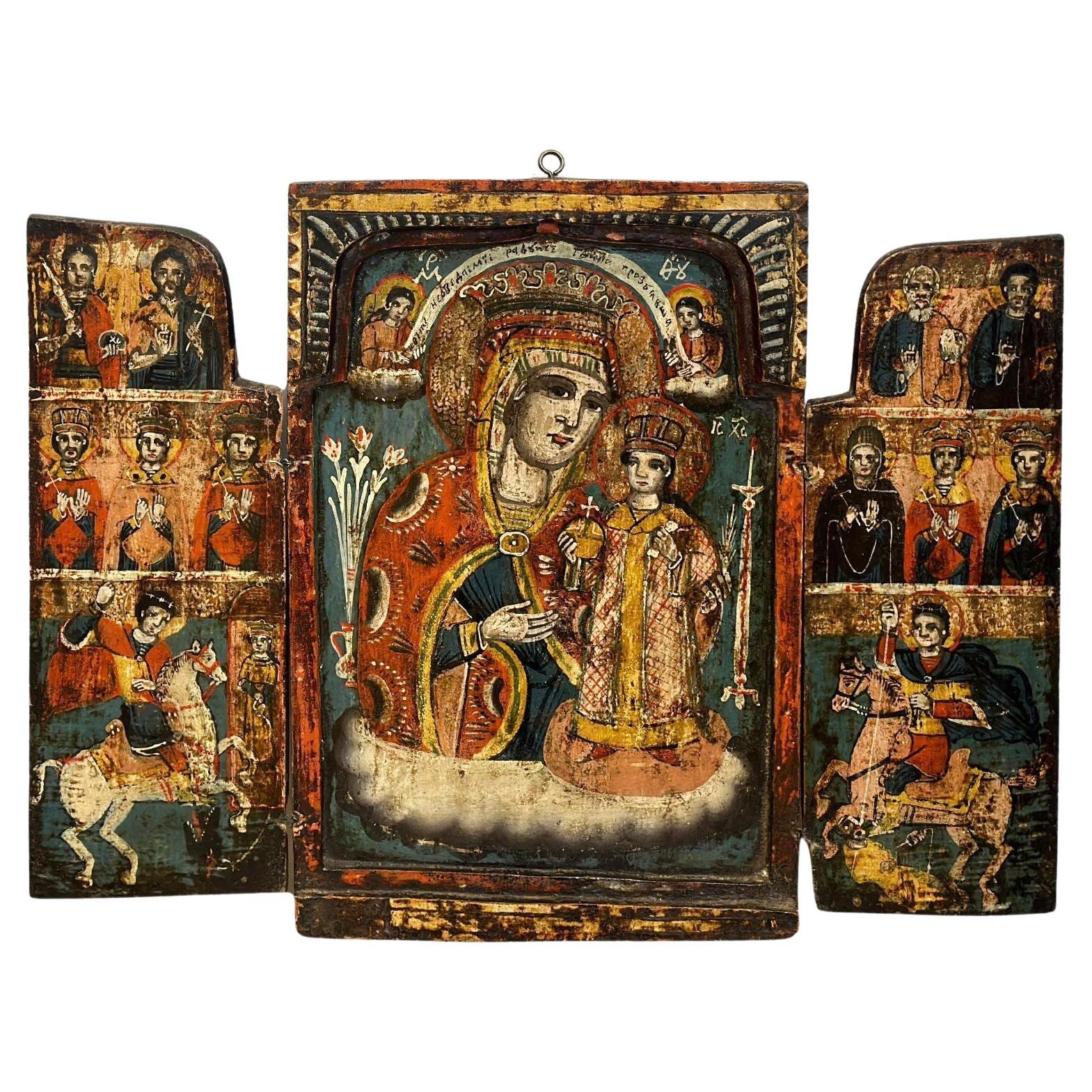 Triptych Russian Icon of Christ & The Virgin of the Unfading Roses, c. 1700's