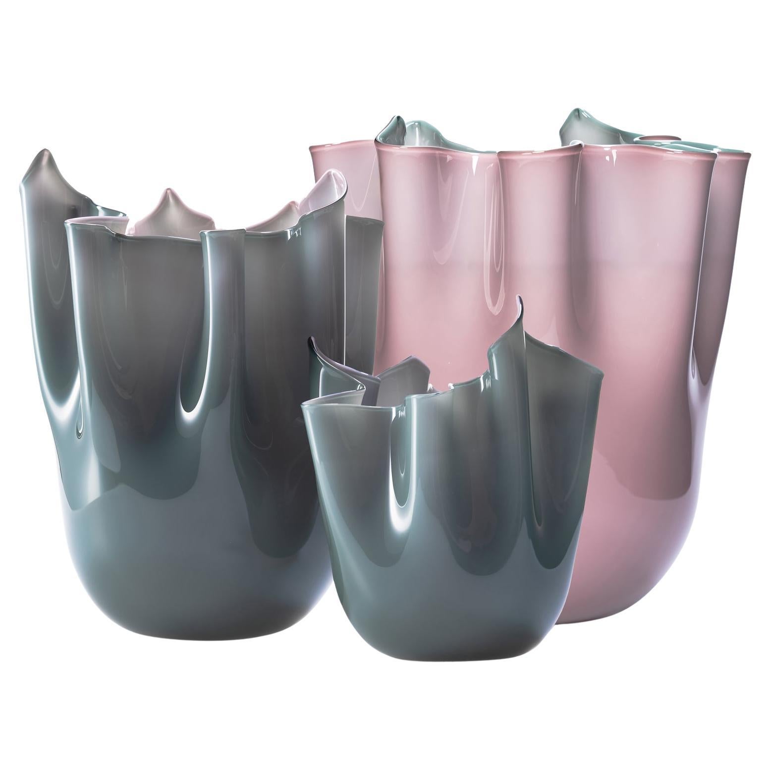 Triptych set of 3 Murano Blow Glass Elegance: Vases in Violet and Petrol Green For Sale