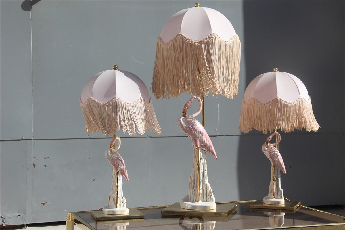 Triptych Table Lamps Flamingos Pink Brass Pink Italian Design, 1970 1