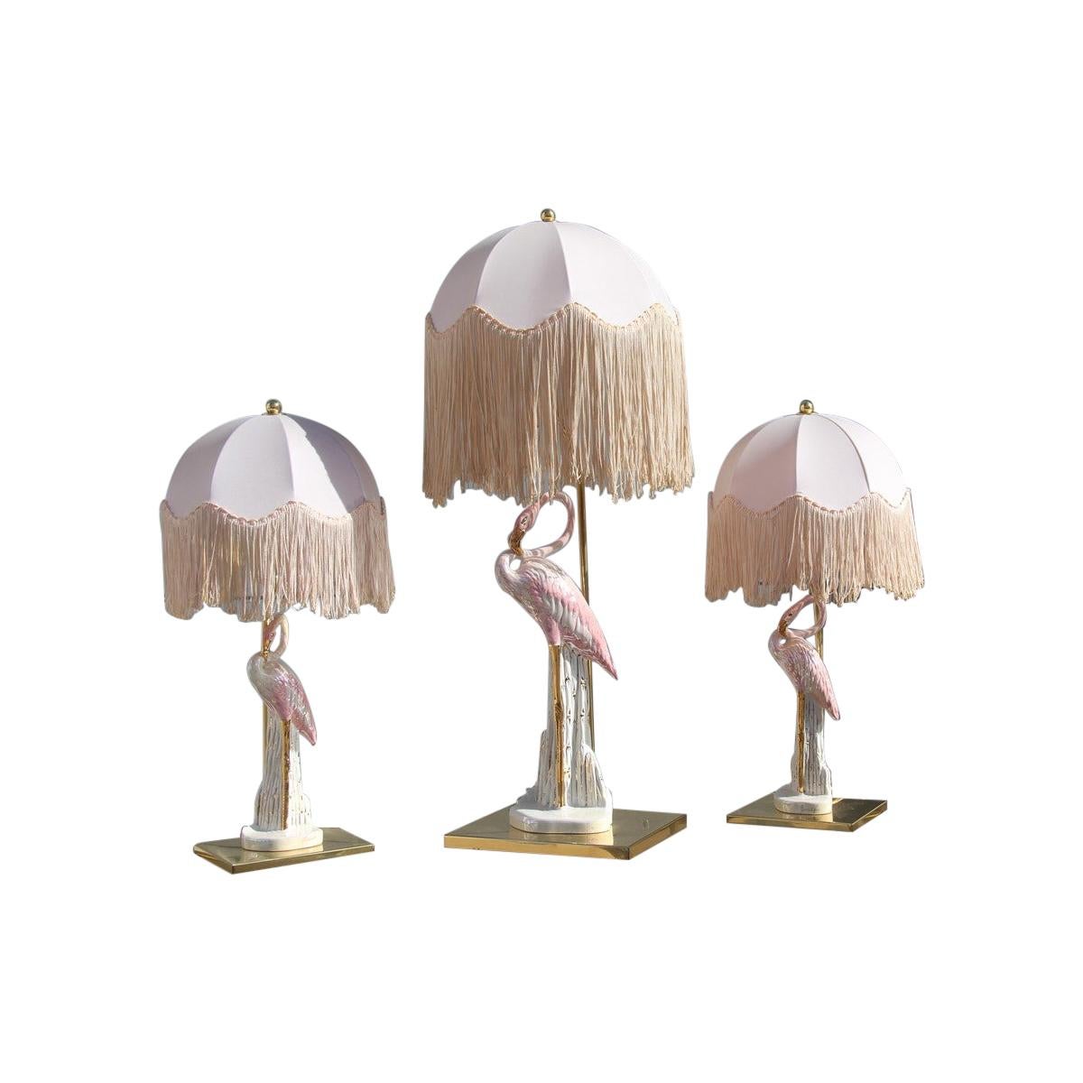 Triptych Table Lamps Flamingos Pink Brass Pink Italian Design, 1970