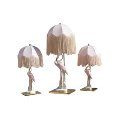 Retro Triptych Table Lamps Flamingos Pink Brass Pink Italian Design, 1970