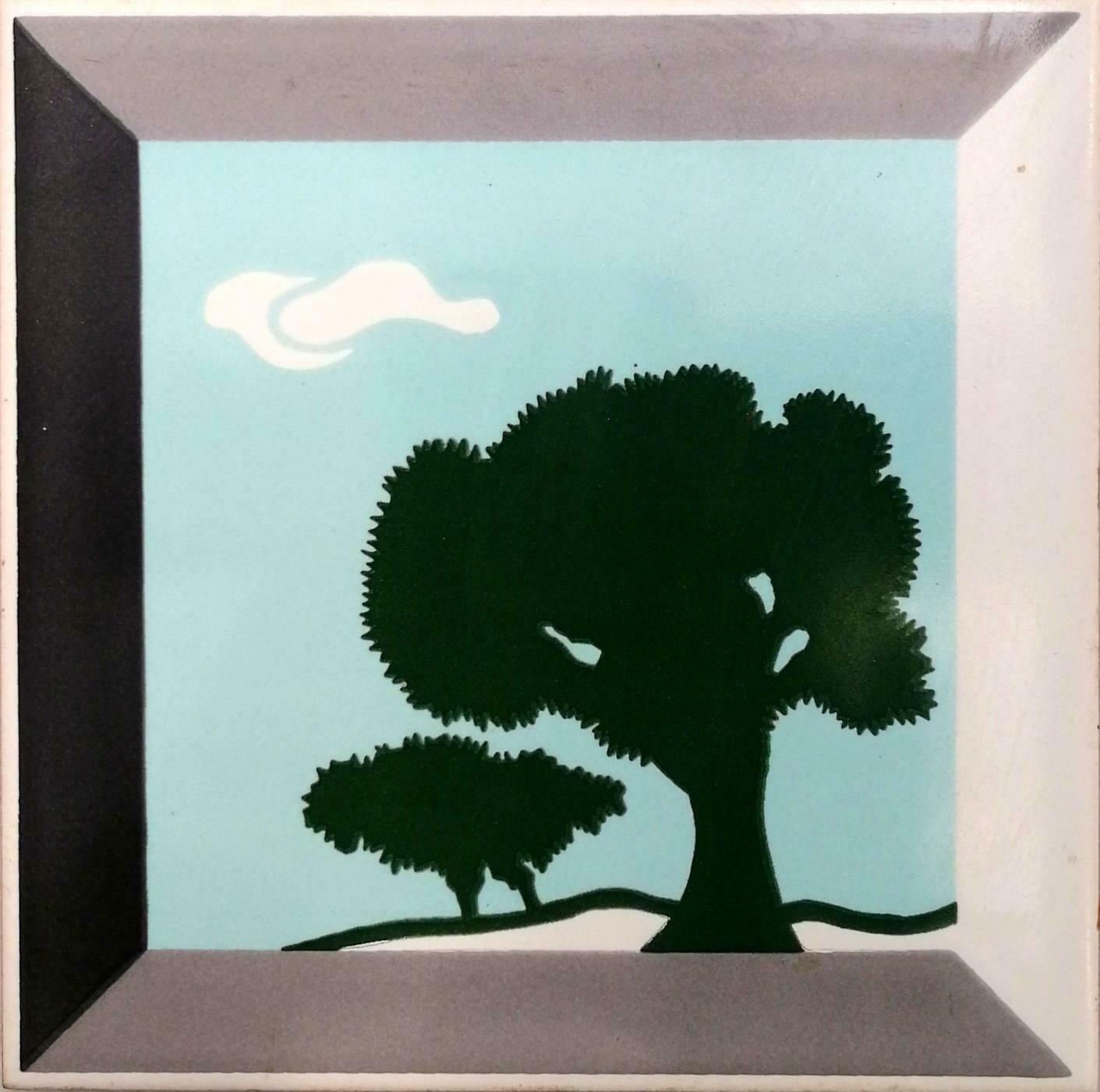 Extremely rare triptych of tiles produced by cedit ceramics from Italy, 1970s, designed by Sergio Asti

it is the same subject, a panorama with two trees, drawn in three different approached perspectives

each single tile measures 15.5 x 15.5
