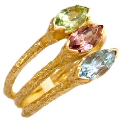 Satinierte 18K Gelbgold mit Peridot Turmalin Aquamarin Sack Ringe