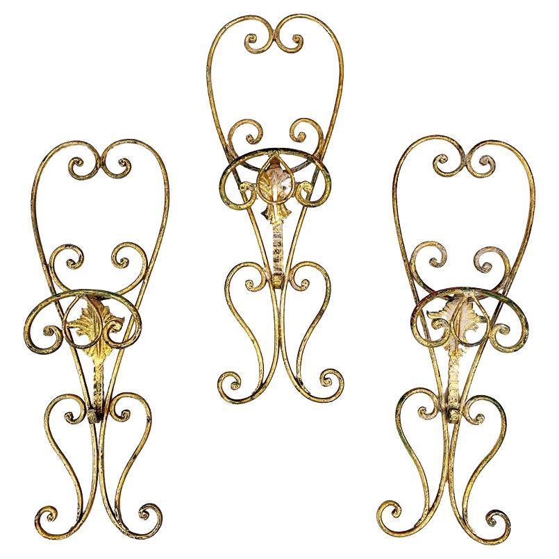 Trio of Wrought Iron Clothes Hangers Gold 50's -Design- For Sale