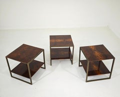 Set of three low coffee tables in brass and wood, made in Italy in the 1970s, Mid-Century Modern style