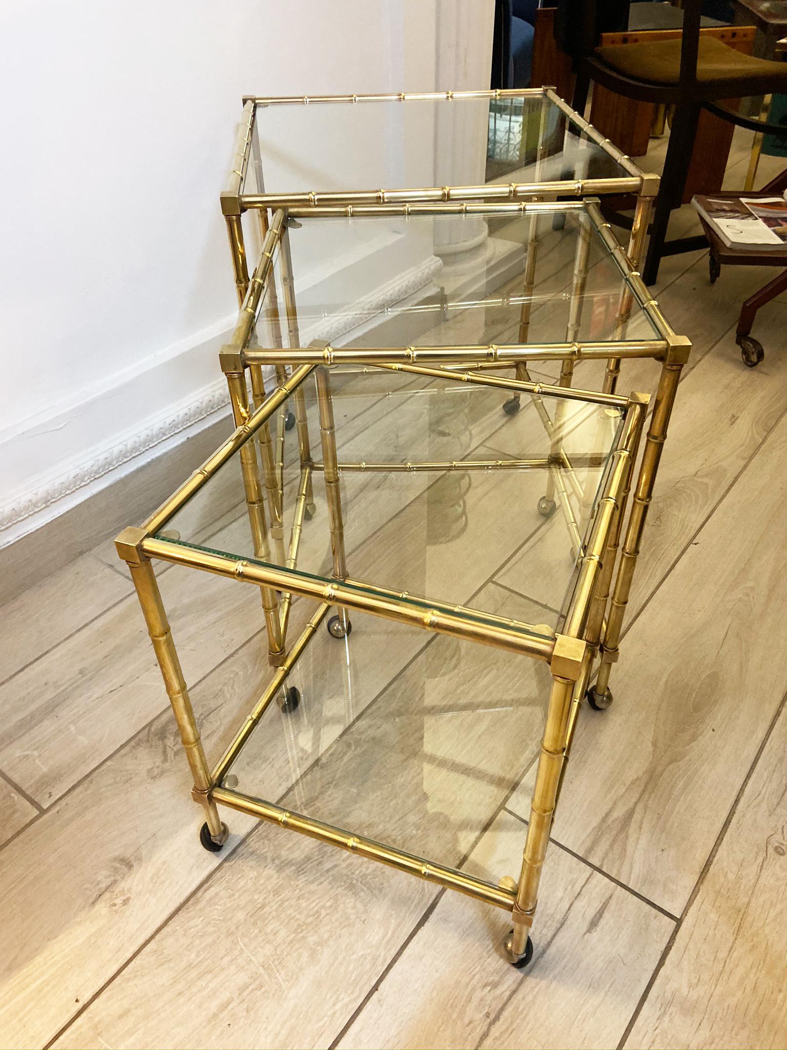 Mid-Century Modern Tris of Faux Bamboo Brass Nesting Bar Cart, 1960s, Italy