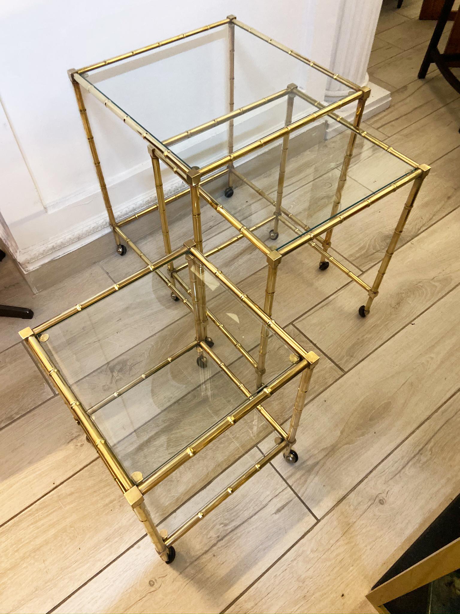 Tris of Faux Bamboo Brass Nesting Bar Cart, 1960s, Italy In Good Condition In Naples, IT