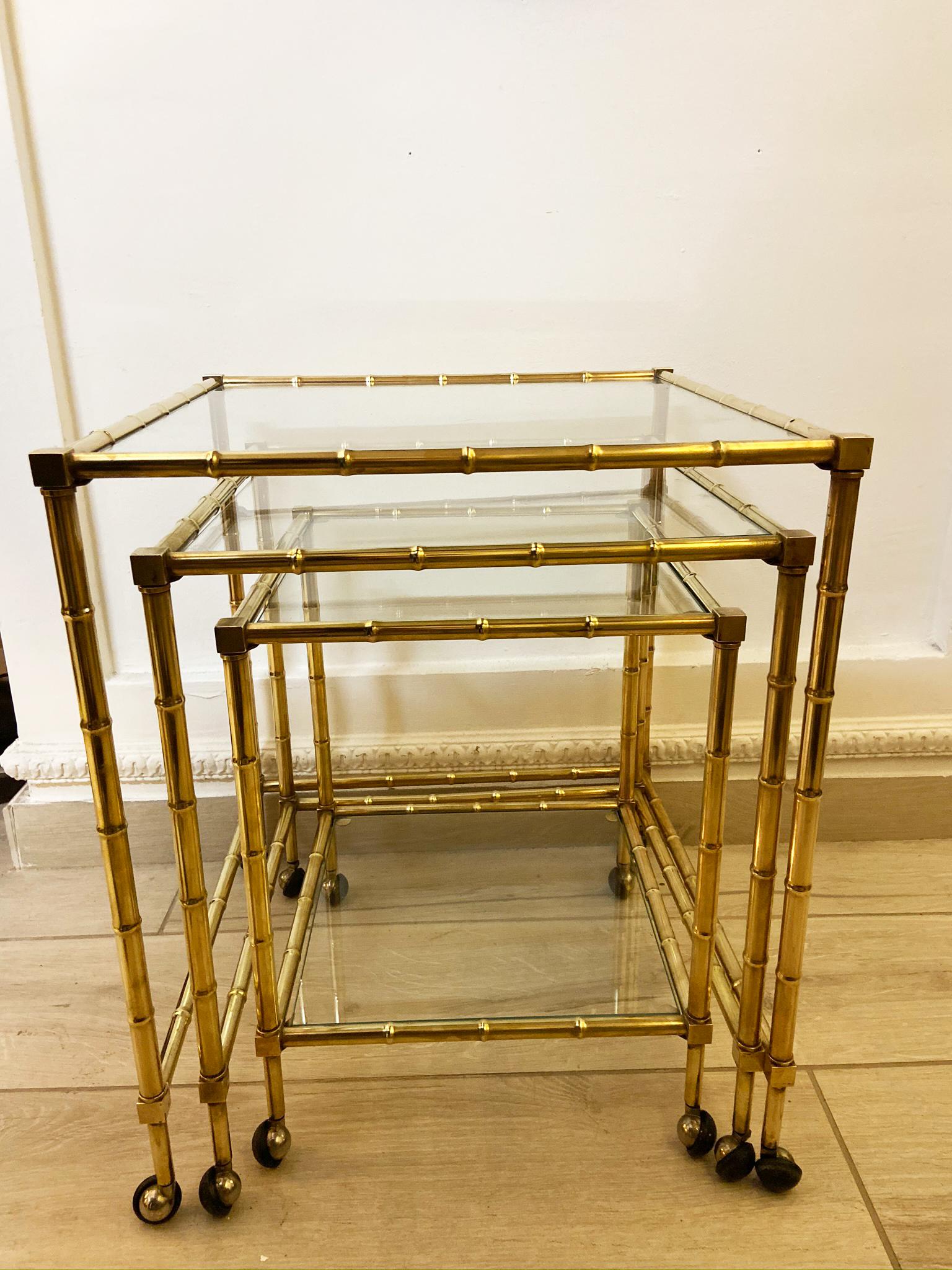 Mid-20th Century Tris of Faux Bamboo Brass Nesting Bar Cart, 1960s, Italy