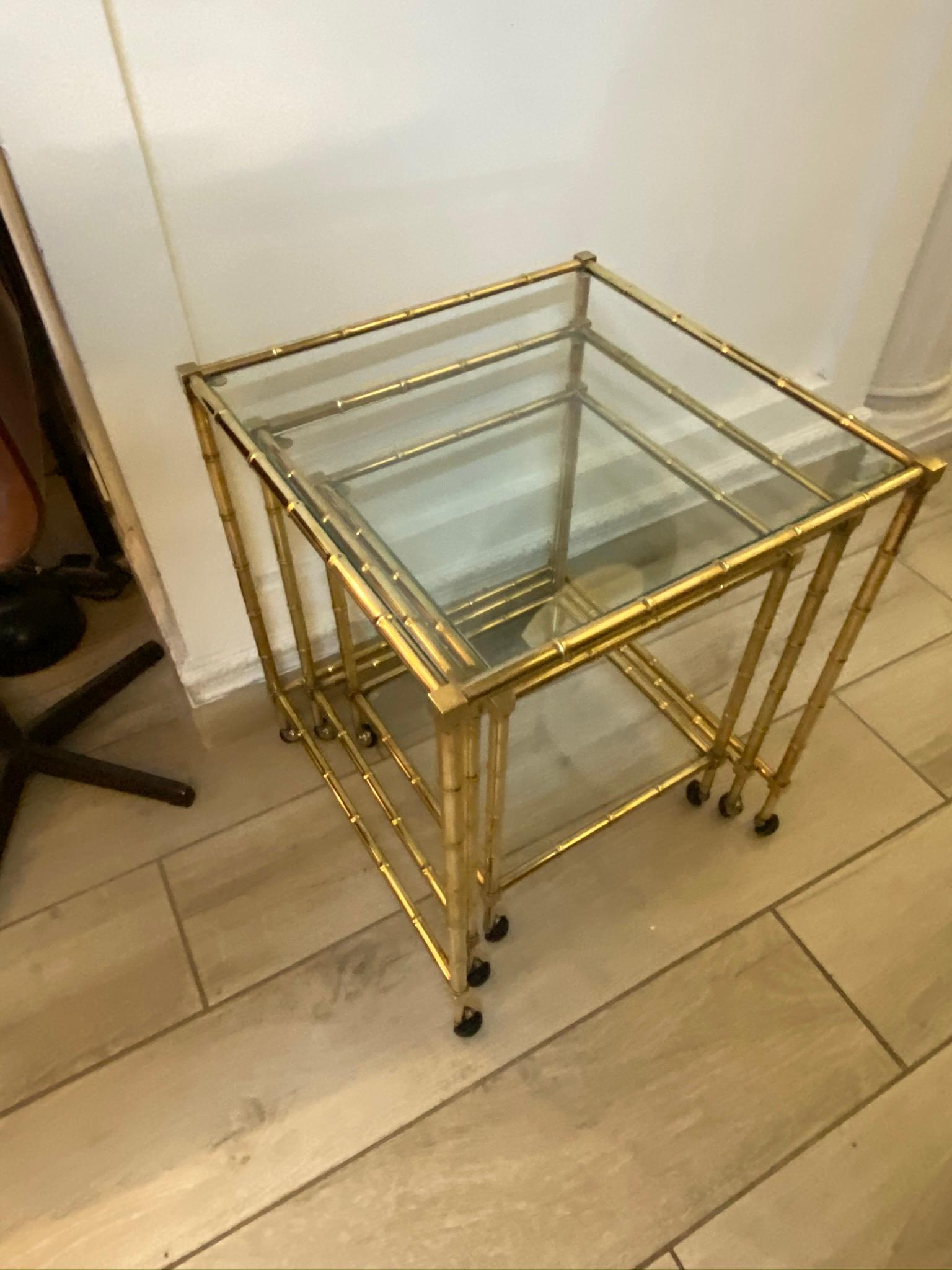 Tris of Faux Bamboo Brass Nesting Bar Cart, 1960s, Italy 2