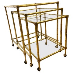 Tris of Faux Bamboo Brass Nesting Bar Cart, 1960s, Italy
