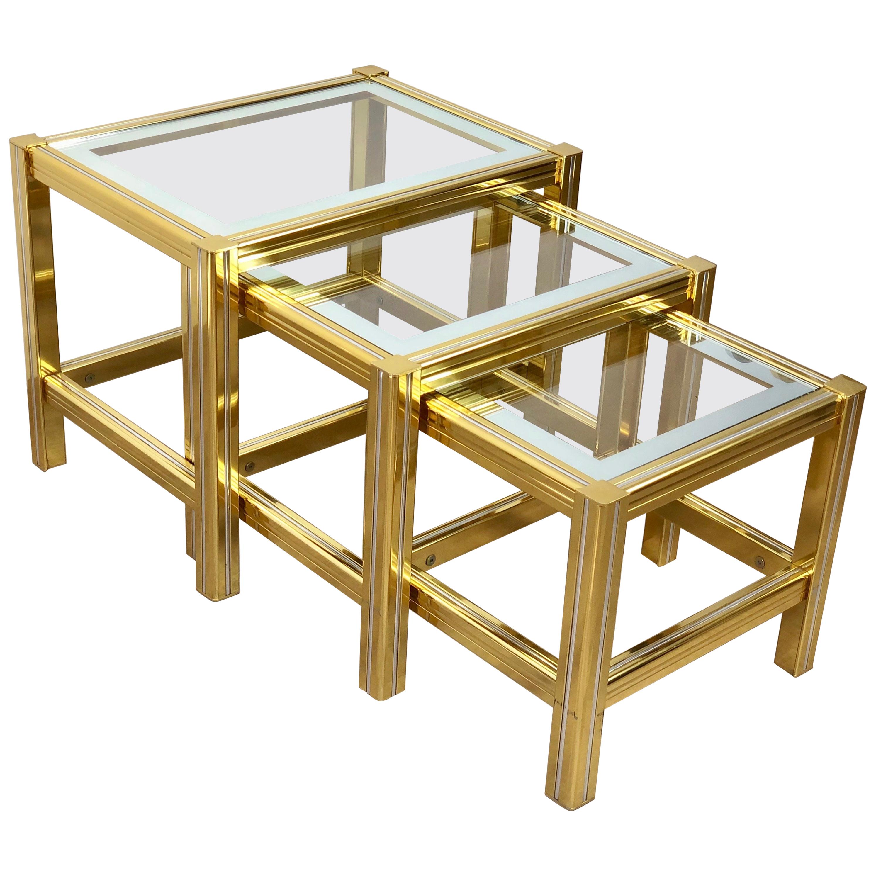 Tris of Increasing Dimensions Side Coffe Table in Brass, Glass and Chrome, 1970s For Sale