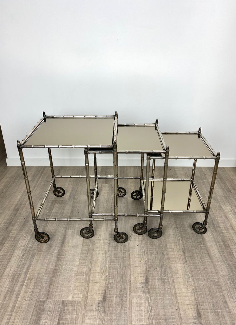 Tris of Maison Baguès Silvered Brass Faux Bamboo Nesting Bar Cart, 1960s, France For Sale 4