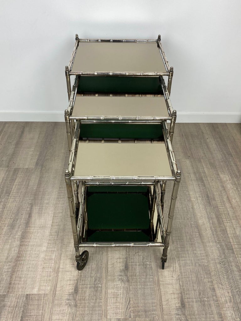 Tris of Maison Baguès Silvered Brass Faux Bamboo Nesting Bar Cart, 1960s, France For Sale 6