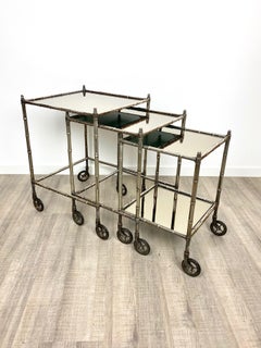 Tris of Maison Baguès Silvered Brass Faux Bamboo Nesting Bar Cart, 1960s, France