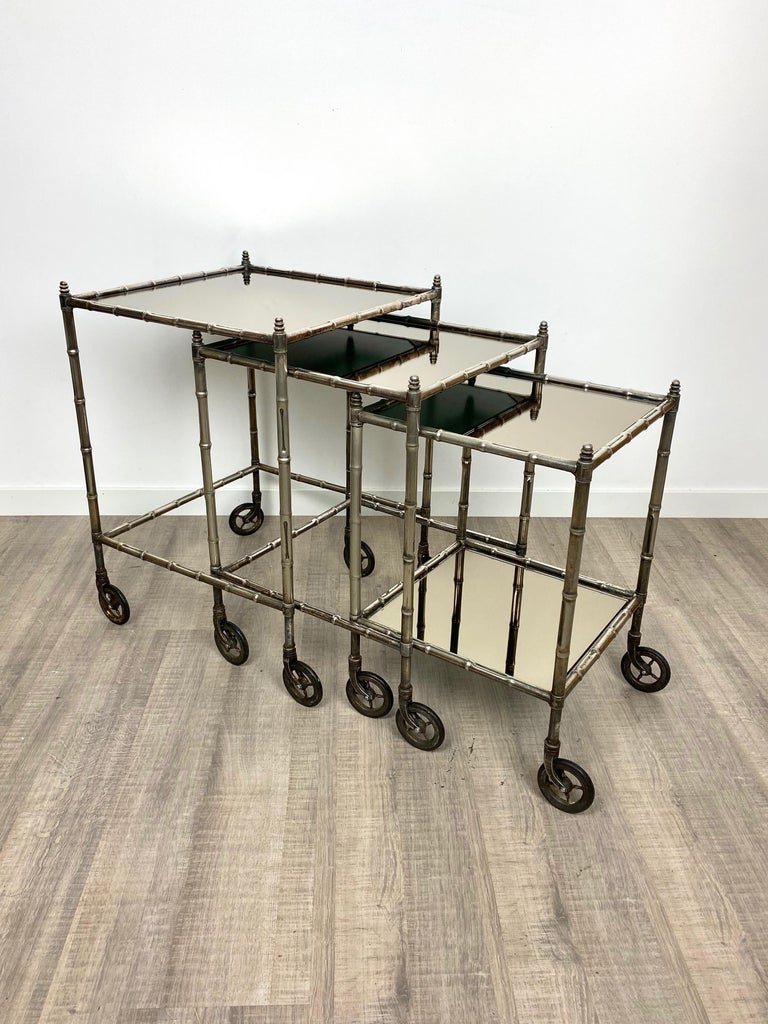 French Tris of Maison Baguès Silvered Brass Faux Bamboo Nesting Bar Cart, 1960s, France For Sale
