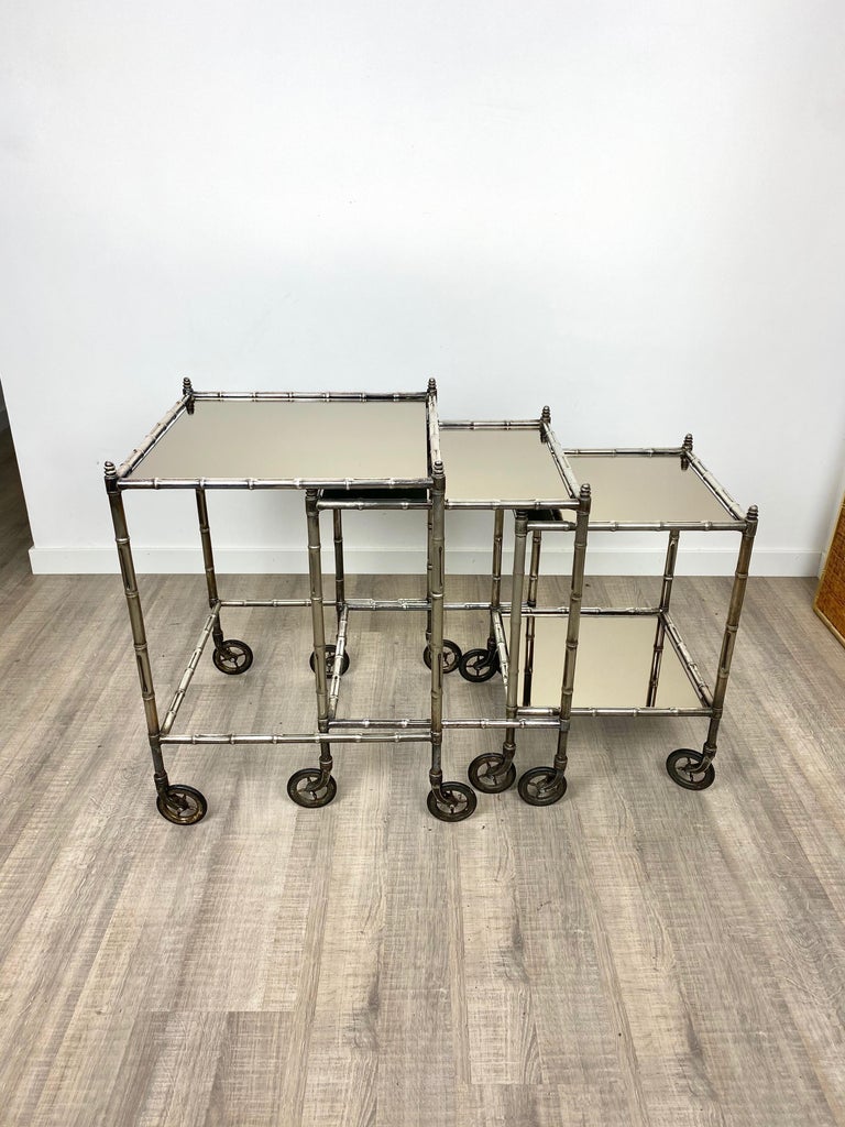 Tris of Maison Baguès Silvered Brass Faux Bamboo Nesting Bar Cart, 1960s, France In Good Condition For Sale In Rome, IT