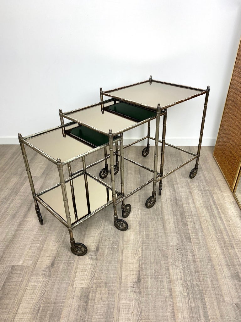 Mid-20th Century Tris of Maison Baguès Silvered Brass Faux Bamboo Nesting Bar Cart, 1960s, France For Sale