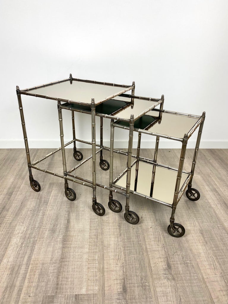Metal Tris of Maison Baguès Silvered Brass Faux Bamboo Nesting Bar Cart, 1960s, France For Sale
