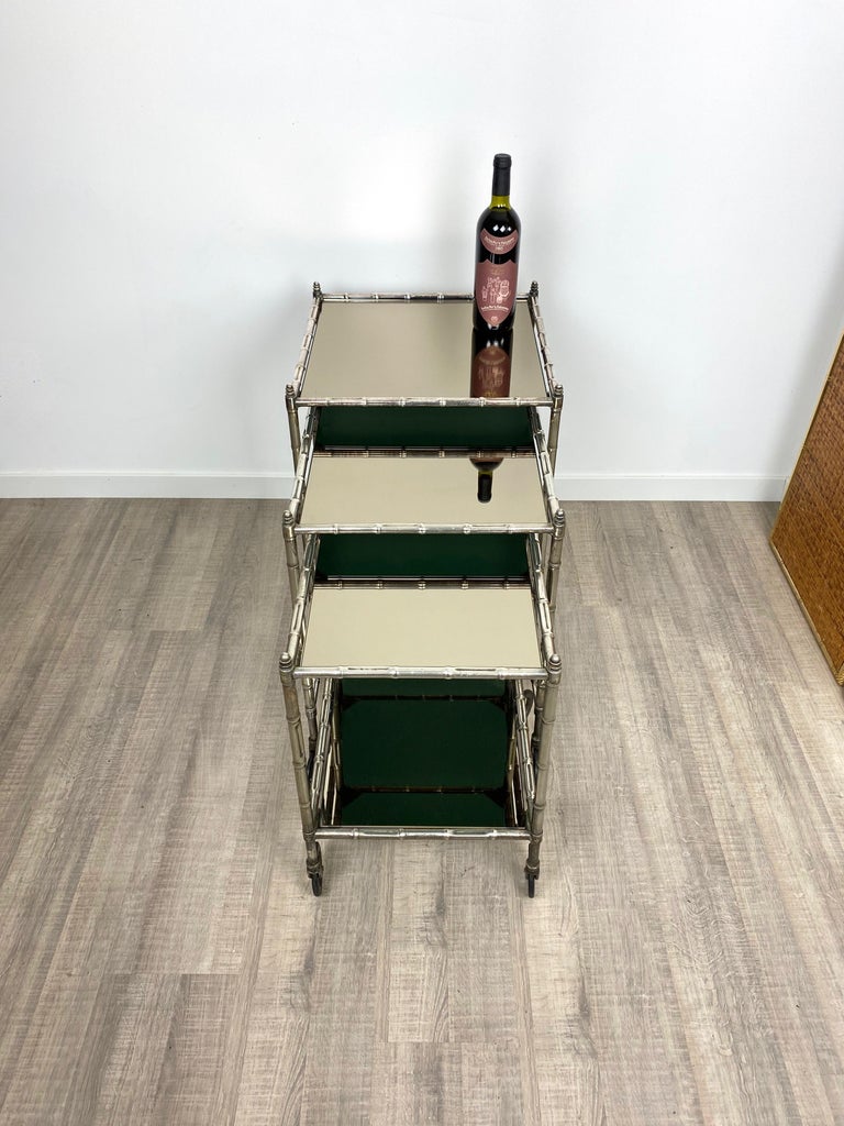 Tris of Maison Baguès Silvered Brass Faux Bamboo Nesting Bar Cart, 1960s, France For Sale 1