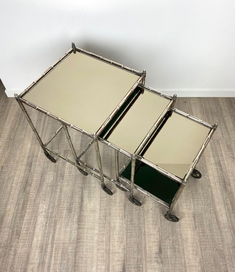Tris of Maison Baguès Silvered Brass Faux Bamboo Nesting Bar Cart, 1960s, France For Sale 2