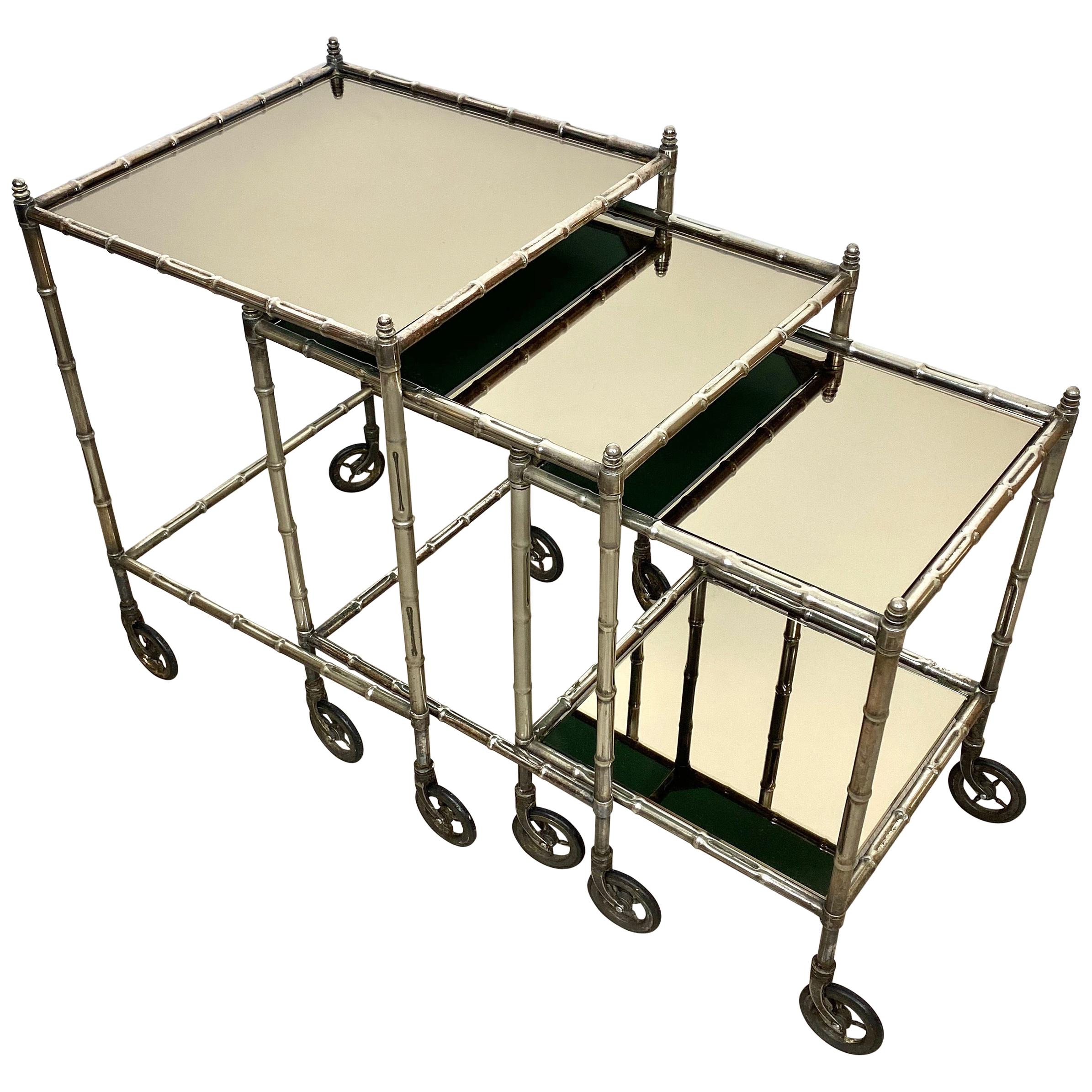 Tris of Maison Baguès Silvered Brass Faux Bamboo Nesting Bar Cart, 1960s, France For Sale