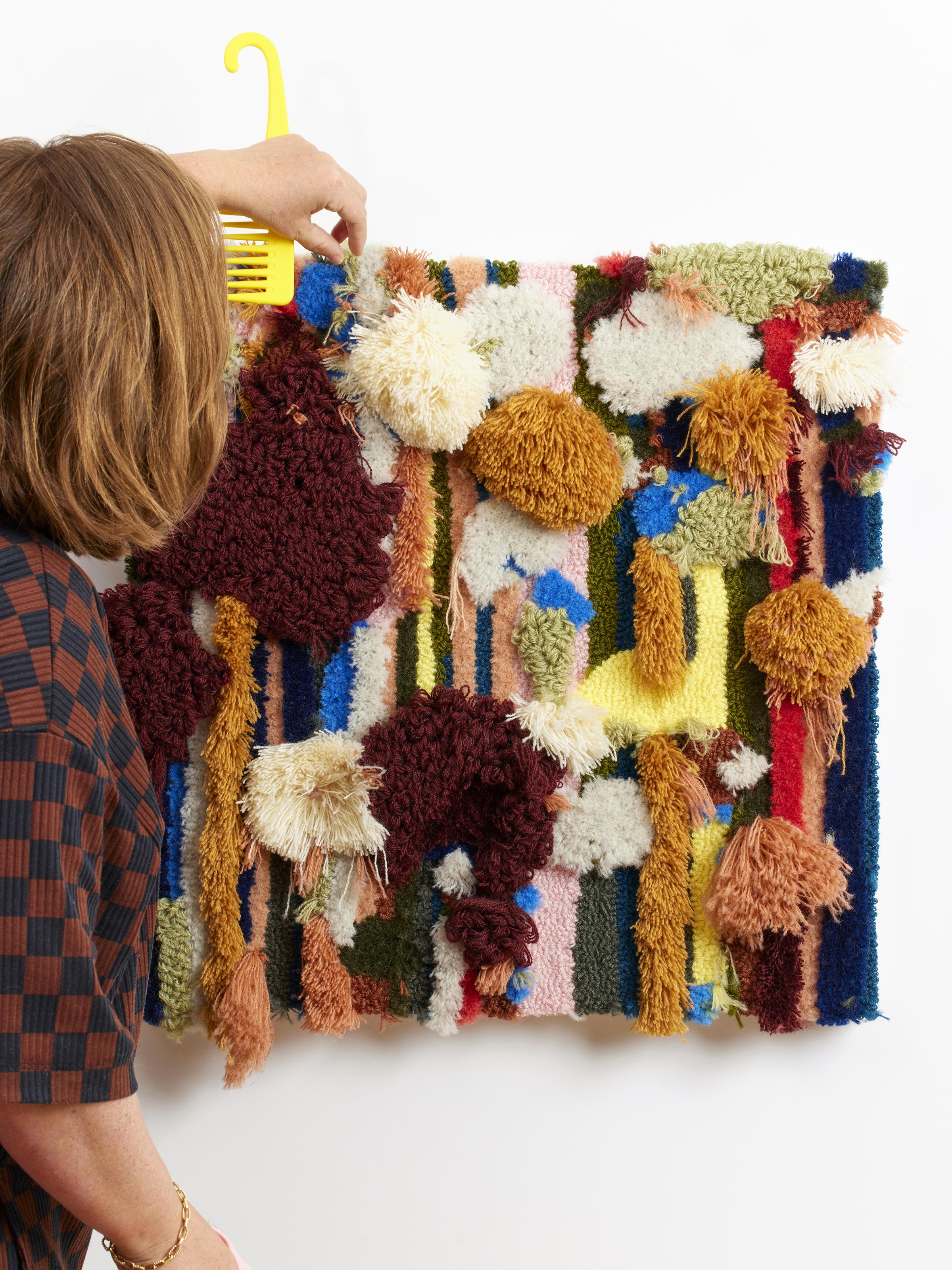 'A Tisket, A Tasket' - contemporary fiber art, textural, colorful, tufting - Sculpture by Trish Andersen