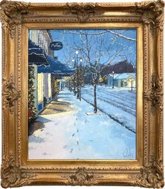 "Britton" Winner Evening Snow Scene Townscape Oil Painting on Canvas Framed
