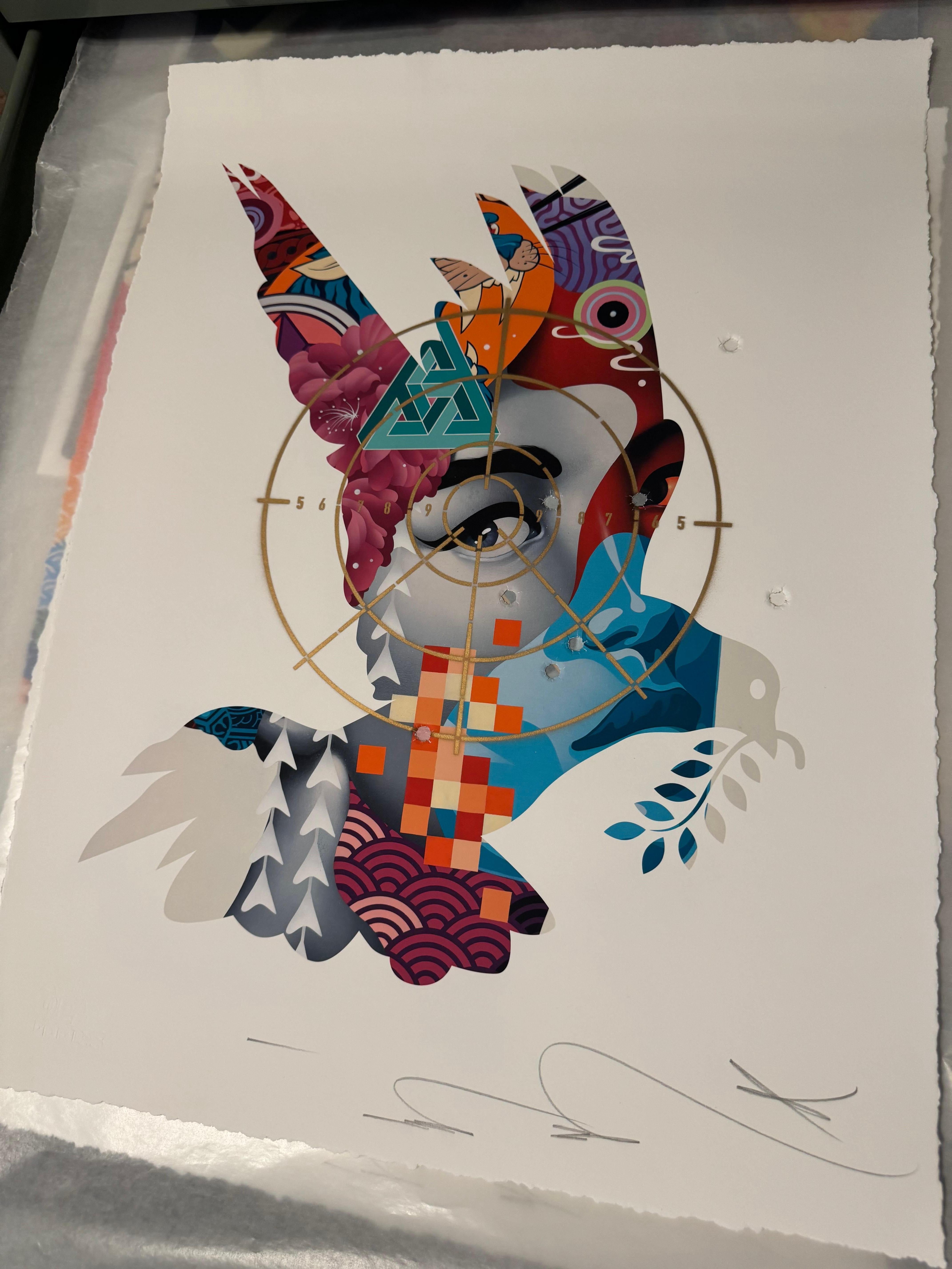 Tristan Eaton Figurative Print - Doves of War #54 Spraypaint Embellished Screenprint Signed and Numbered