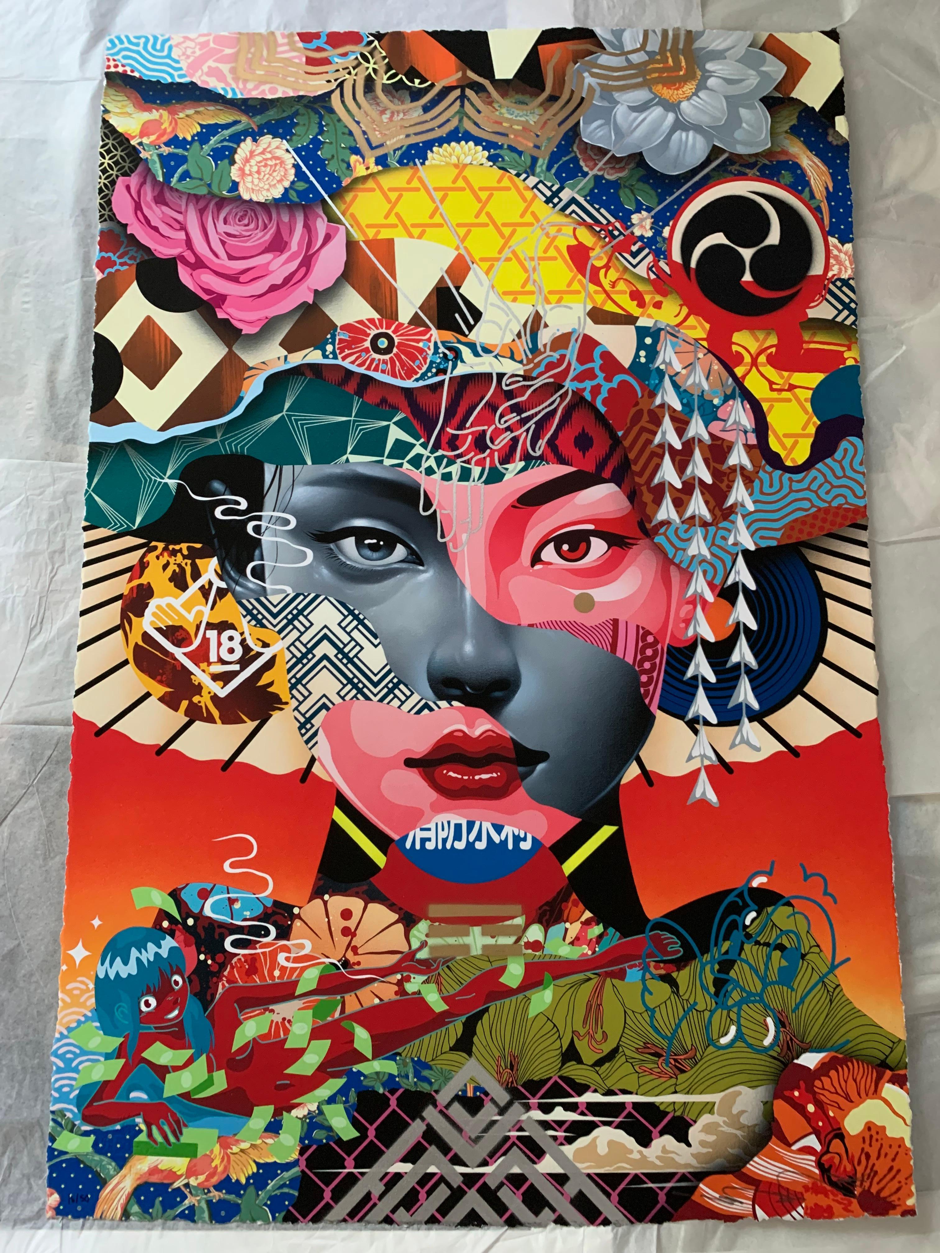 Tristan Eaton Figurative Print - Kabukicho Spraypaint Embellished Screenprint Signed and Numbered Japan