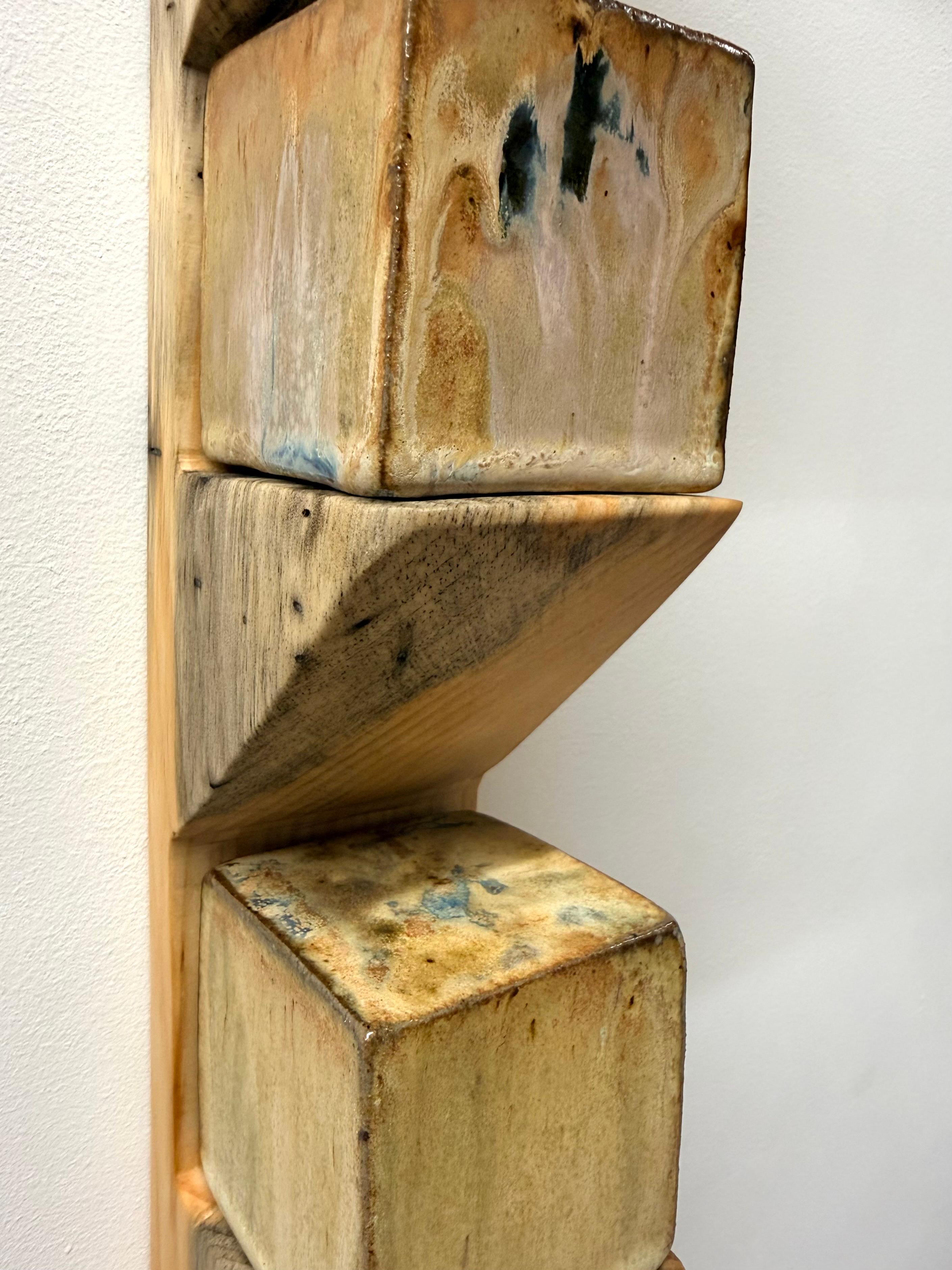 Sodastack Two - Soda Fired Ceramic Cubes Pine Wood Shelf Wall Sculpture, 2025 For Sale 9