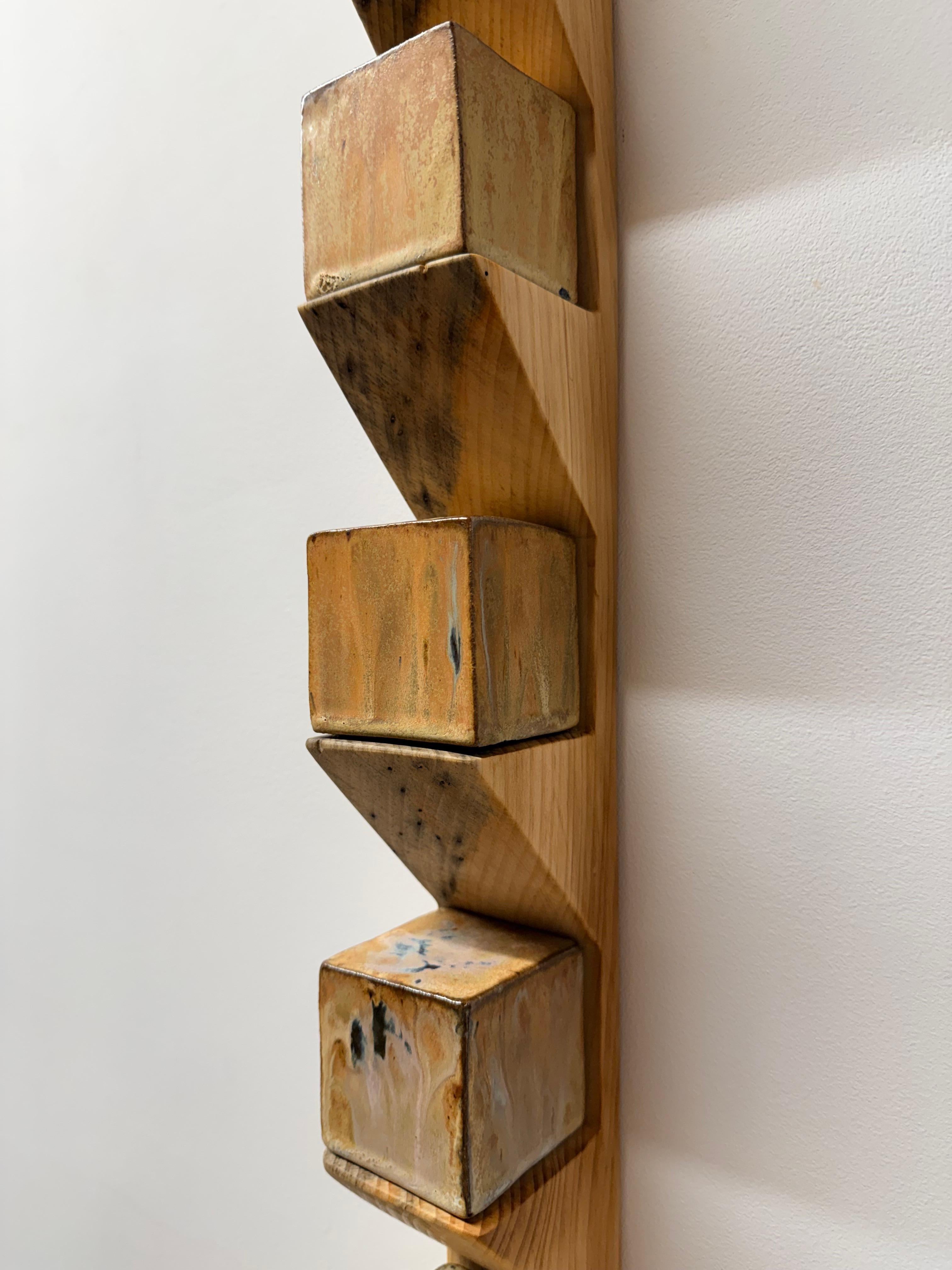 Sodastack Two - Soda Fired Ceramic Cubes Pine Wood Shelf Wall Sculpture, 2025 For Sale 2