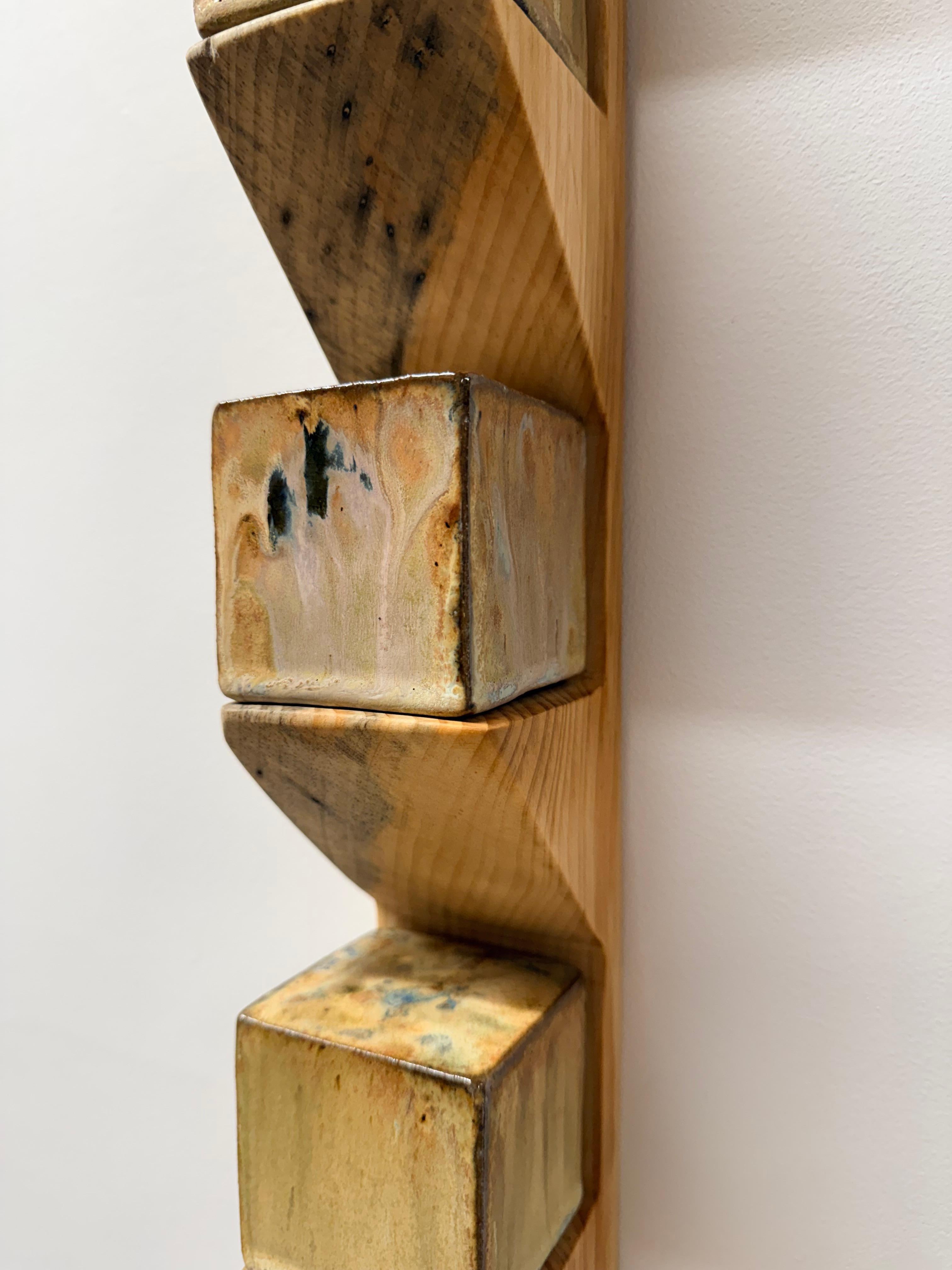 Sodastack Two - Soda Fired Ceramic Cubes Pine Wood Shelf Wall Sculpture, 2025 For Sale 3
