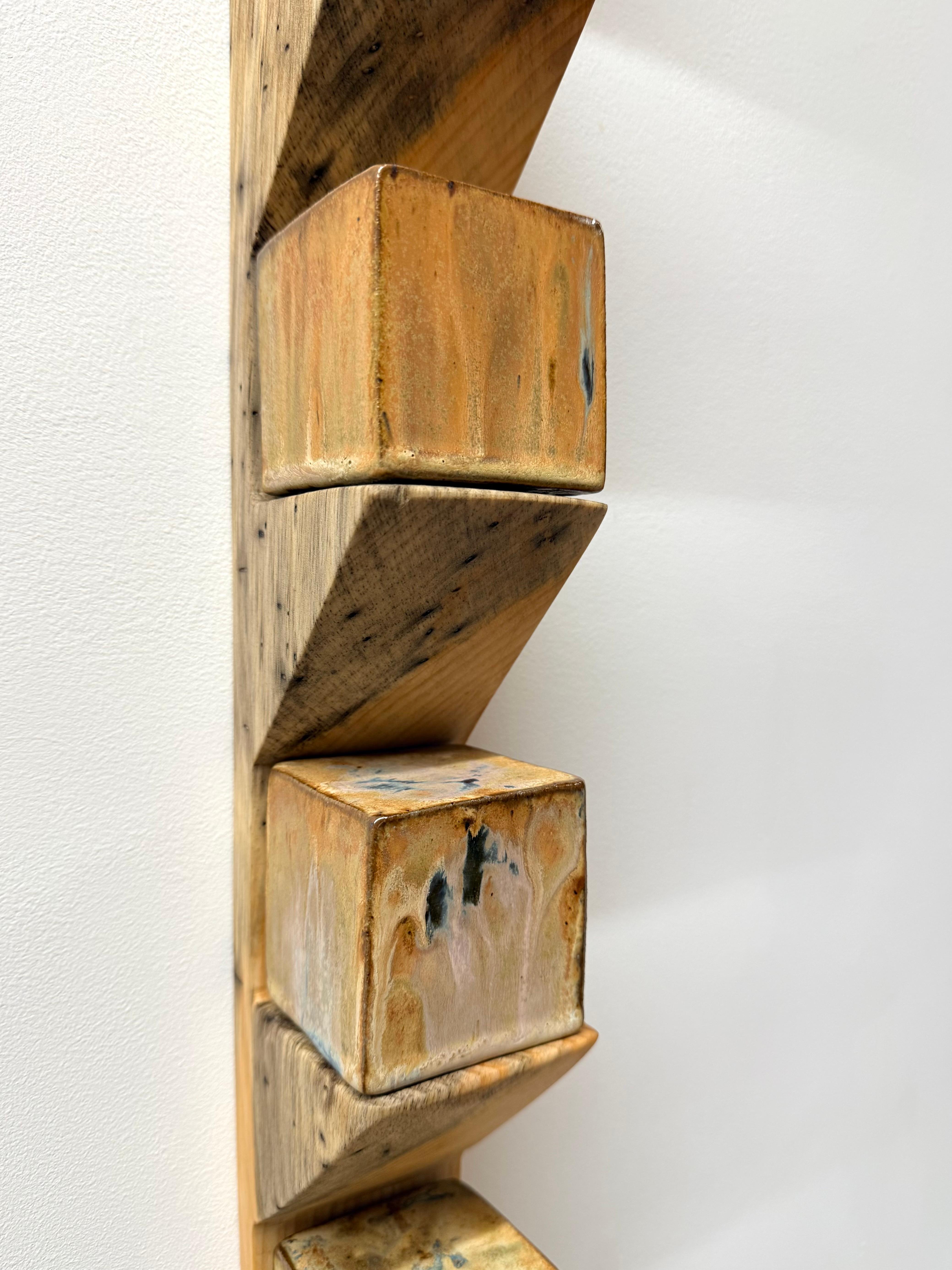 Sodastack Two - Soda Fired Ceramic Cubes Pine Wood Shelf Wall Sculpture, 2025 For Sale 5