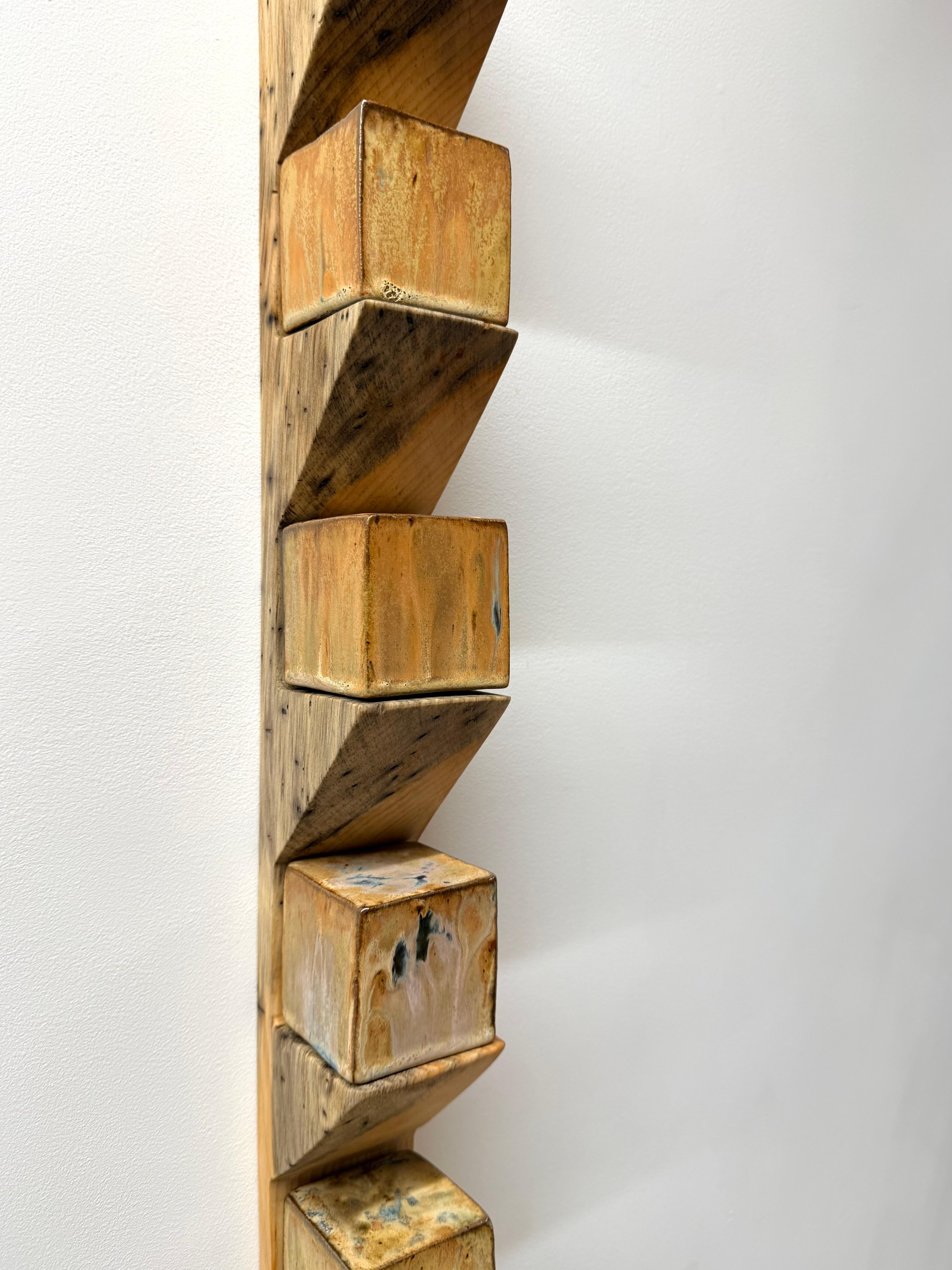 Sodastack Two - Soda Fired Ceramic Cubes Pine Wood Shelf Wall Sculpture, 2025 For Sale 6
