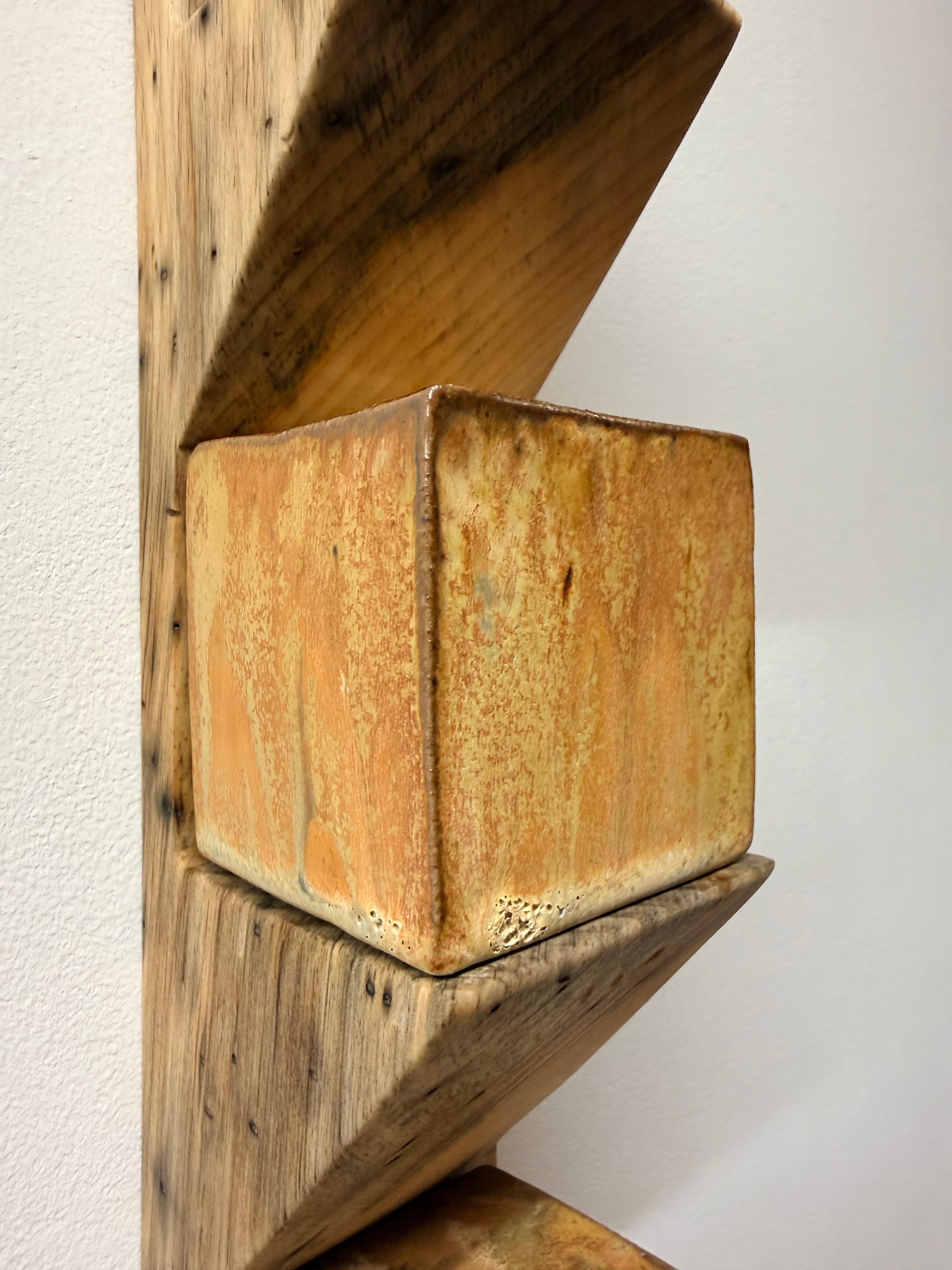 Sodastack Two - Soda Fired Ceramic Cubes Pine Wood Shelf Wall Sculpture, 2025 For Sale 7