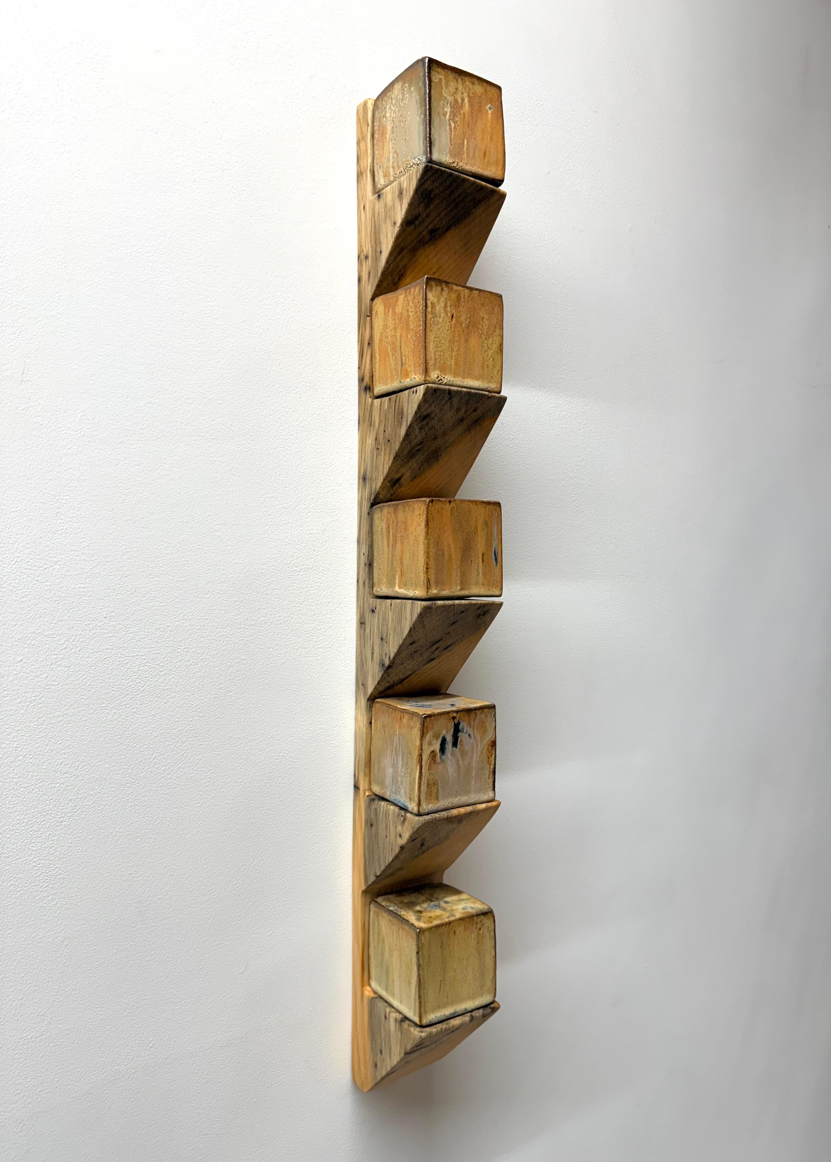Sodastack Two - Soda Fired Ceramic Cubes Pine Wood Shelf Wall Sculpture, 2025
