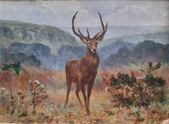 Hunt French painting LACROIX Deer portrait Landscape 19th