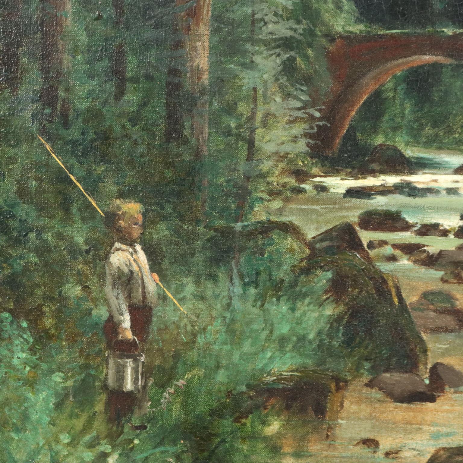 Woodland Landscape with Figures 1883 - Gray Landscape Painting by Tristan Lacroix