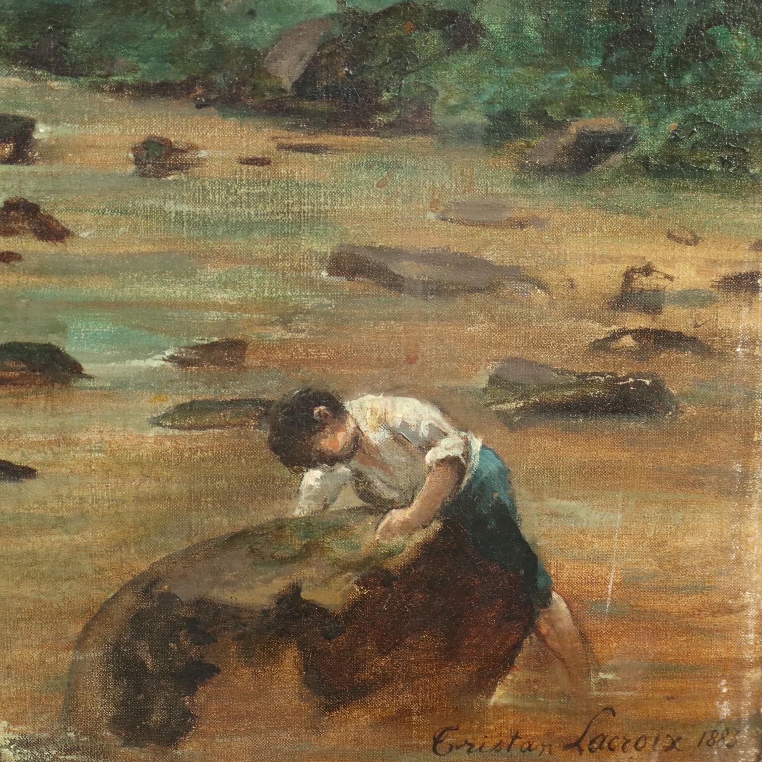 Oil on Canvas. Signed and dated bottom right.
The landscape sees a stream flowing within a shady coniferous forest; two young boys try their hand at fishing, using rural tools. The atmosphere is imbued with the light filtering through the trees,