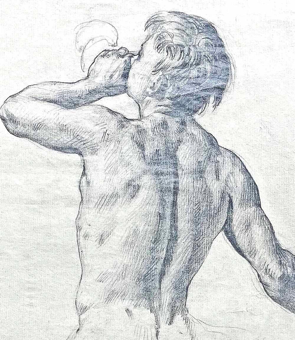 Faisant preuve d'une confiance et d'une maîtrise du détail impressionnantes, ce dessin d'un Triton masculin nu, soufflant dans une trompette fabriquée à partir d'un coquillage, a été réalisé par Allyn COX, sans doute en tant qu'étude pour l'une de