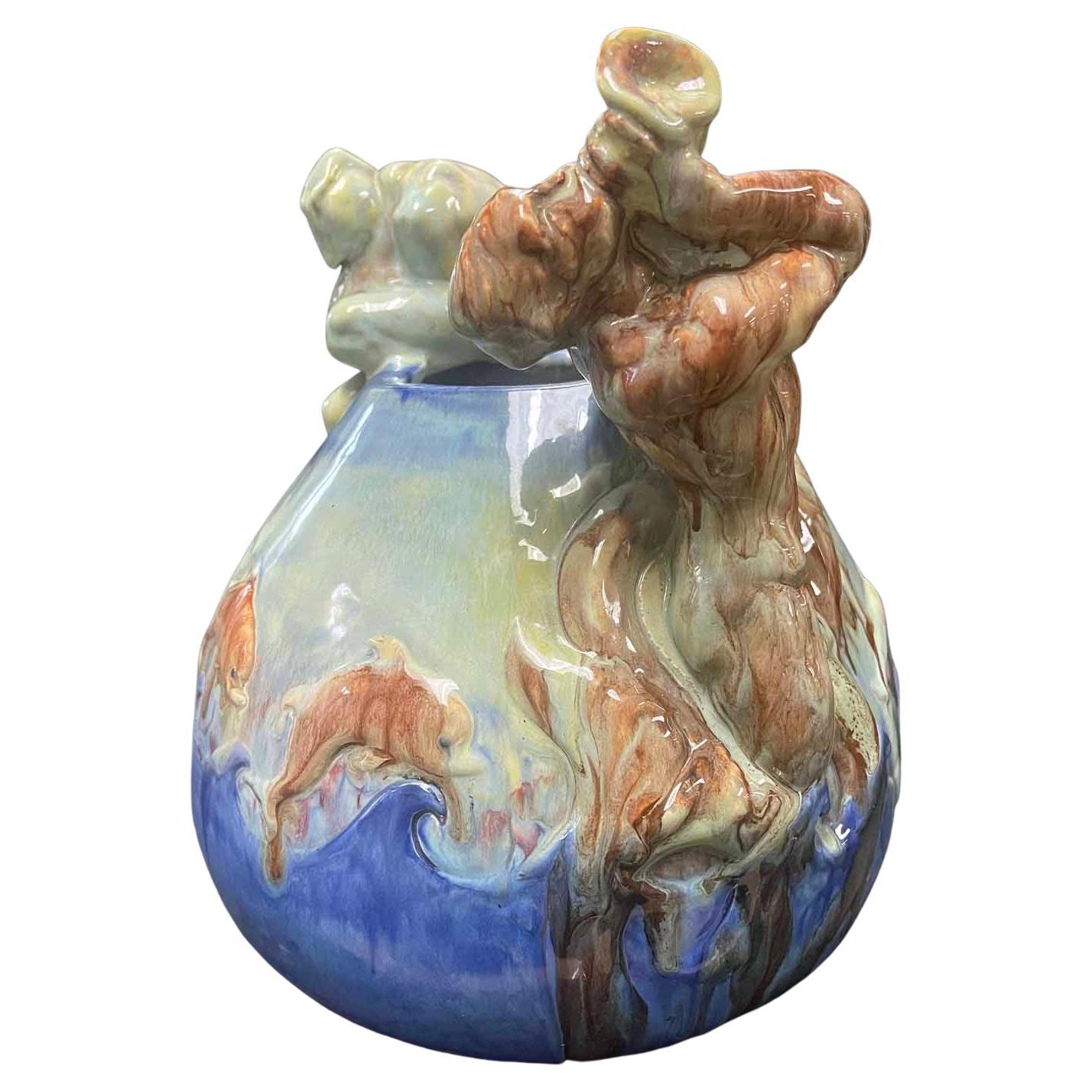 "Triton, Merman and Mermaid, " Sculptural Vase w/ Aquatic Motif and Nudes in Blue For Sale