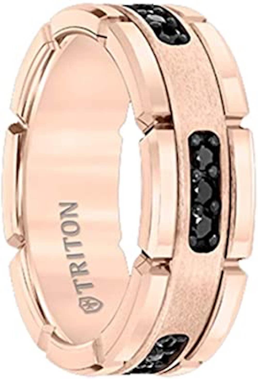 TRITON, 8mm comfort fit rose tungsten carbide band with black diamond accents. Black diamonds may have been treated to achieve their color. All TRITON tungsten carbide bands contain a patented TC.850 formula for a scratch resistant forever polished