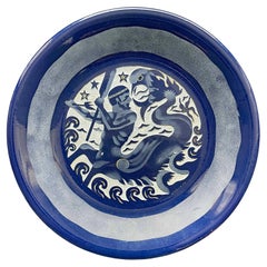 Vintage "Triton with Dolphin", Art Deco Low Bowl in Blue with Aquatic Creatures, France