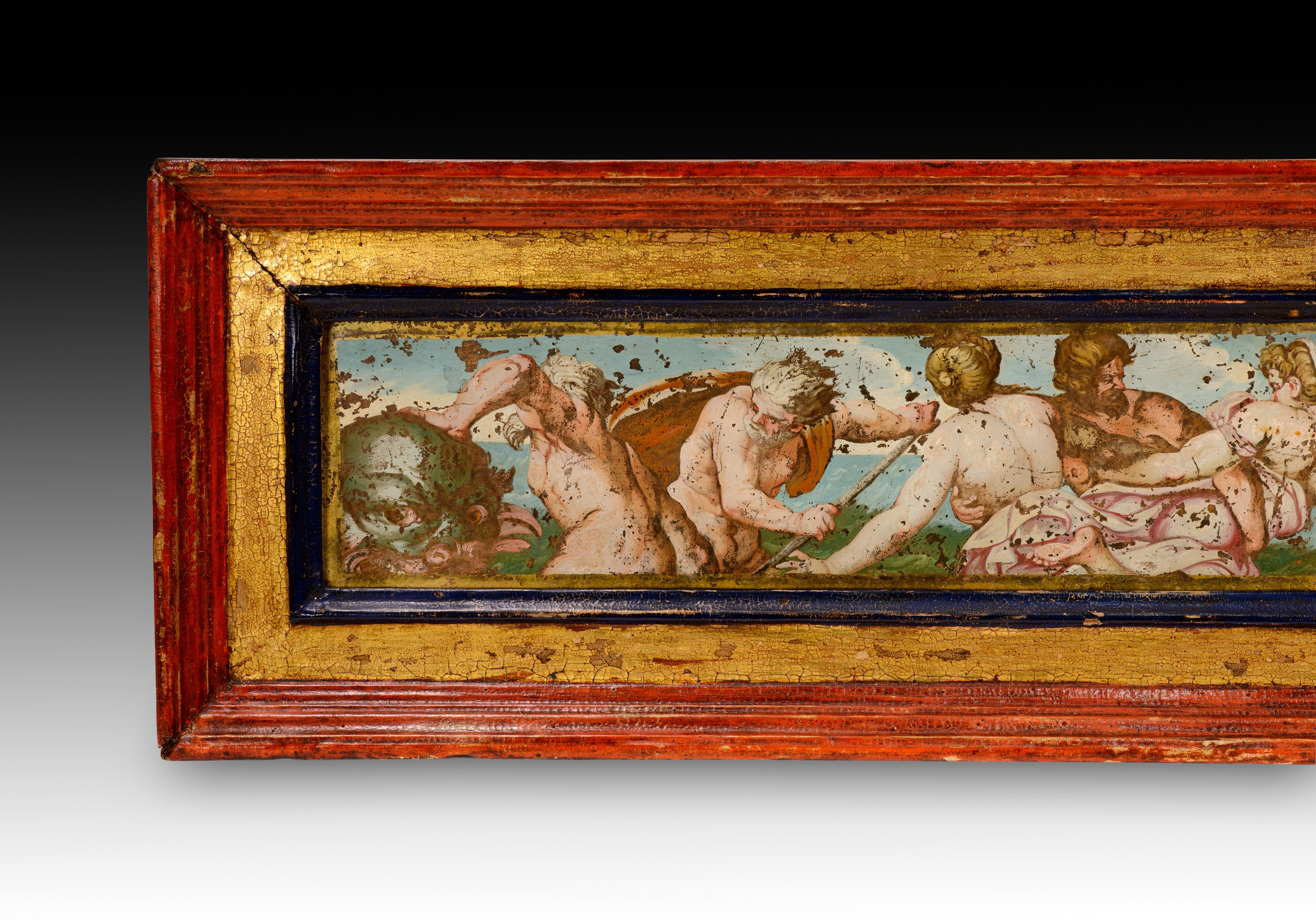  Tritons defending Nereids. Oil on glass (reverse). Possibly Italian school (perhaps Naples), late 16th 17th century. 
It has some issues.
Framed glass plate with a painting, probably an oil painting, beneath it. A landscape can be seen in the