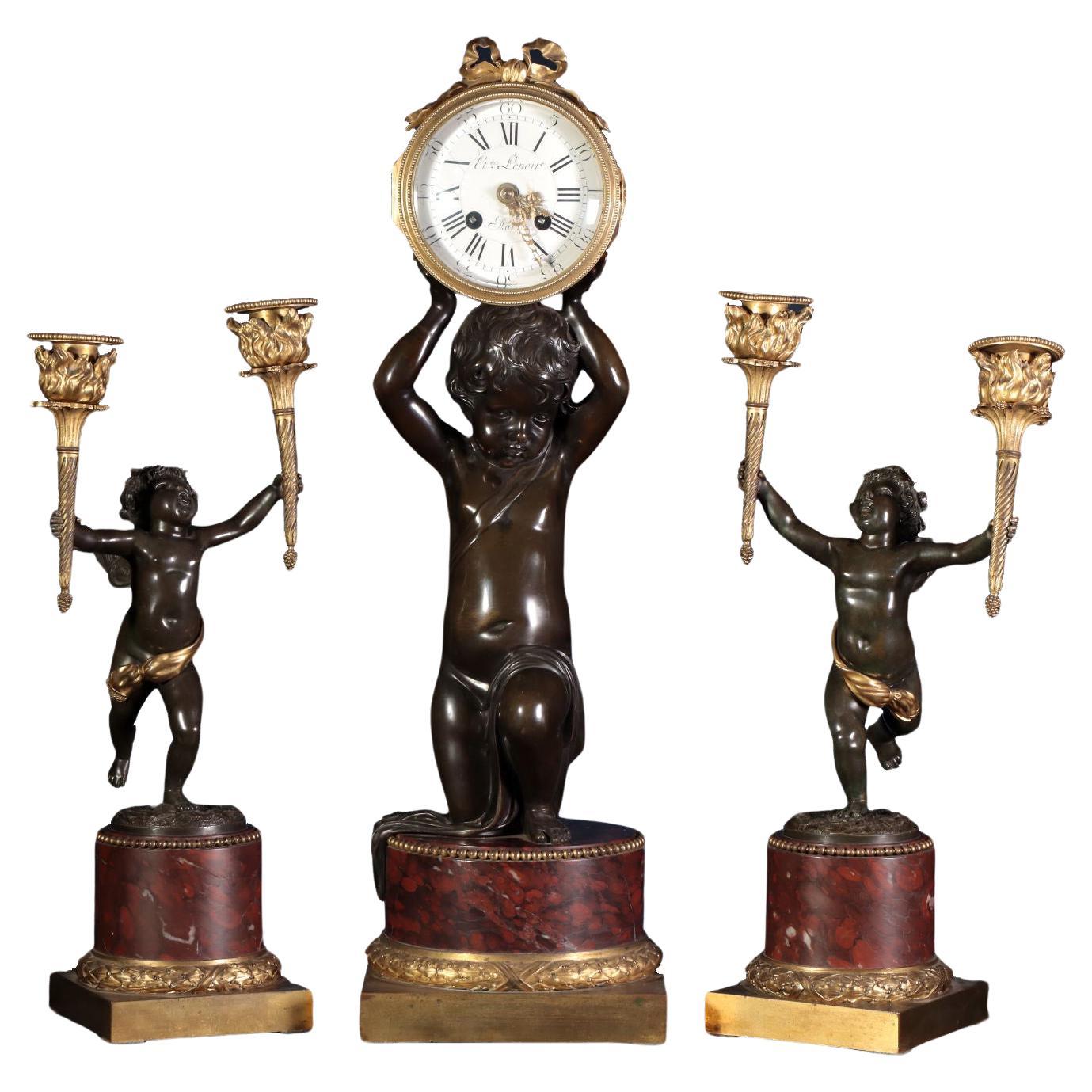 Trittico con Orologio e Coppia di Candelabri, Etienne LeNoir Henry Dasson attrib.