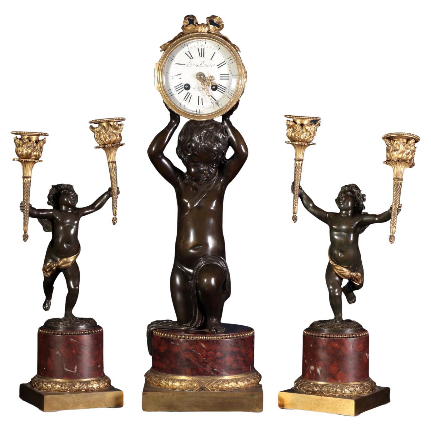 Trittico con Orologio e Coppia di Candelabri, Etienne Lenoir Henry Dasson attrib For Sale