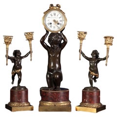 Antique Trittico con Orologio e Coppia di Candelabri, Etienne Lenoir Henry Dasson attrib