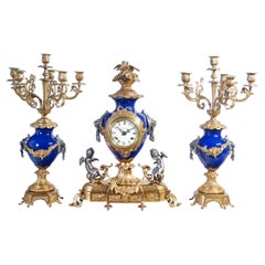 Triptyque de cheminée impériale de style Louis XV en métal et céramique